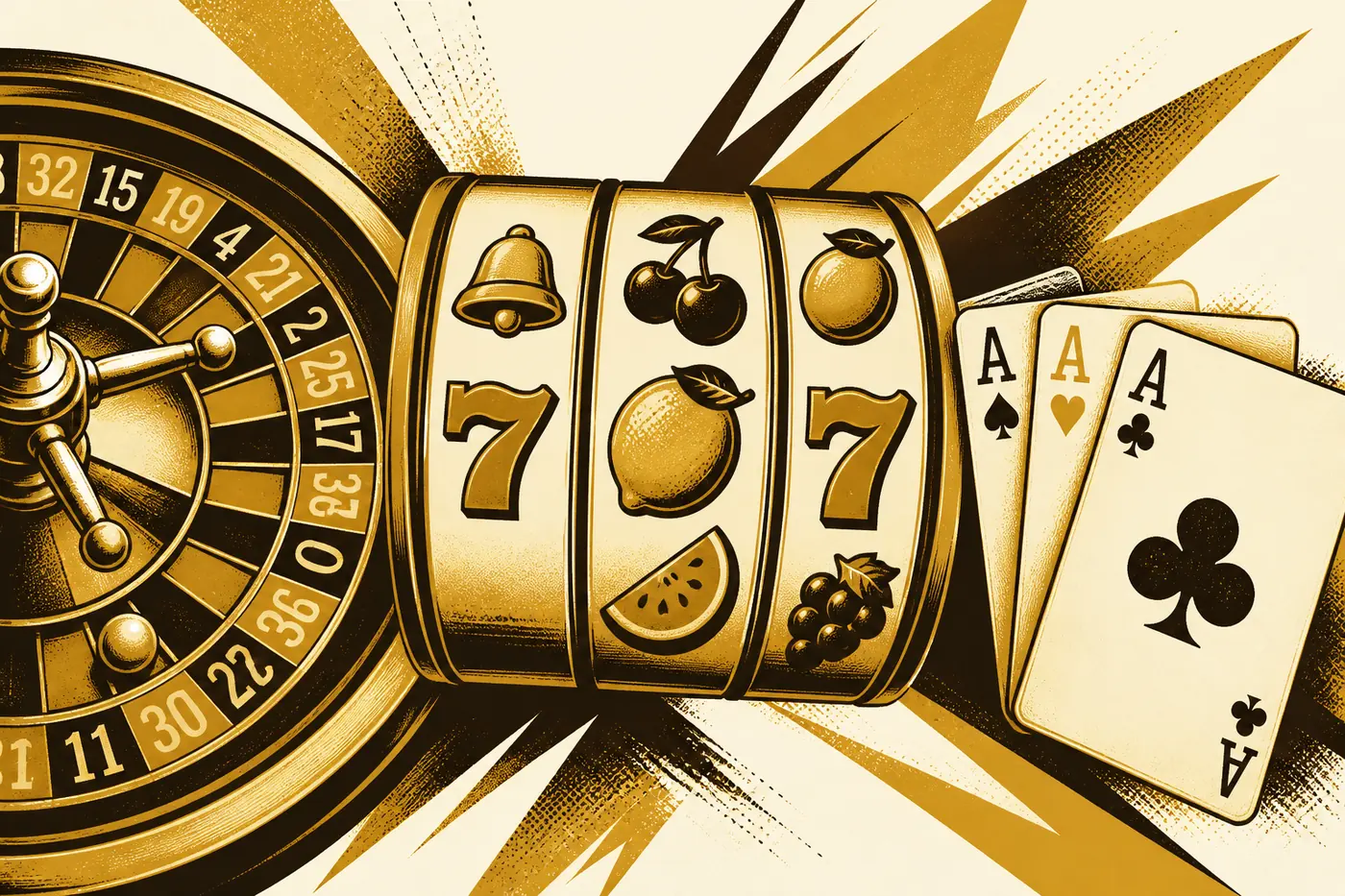 Ruleta, rodillos y naipes dispuestos como comparación de catálogo
